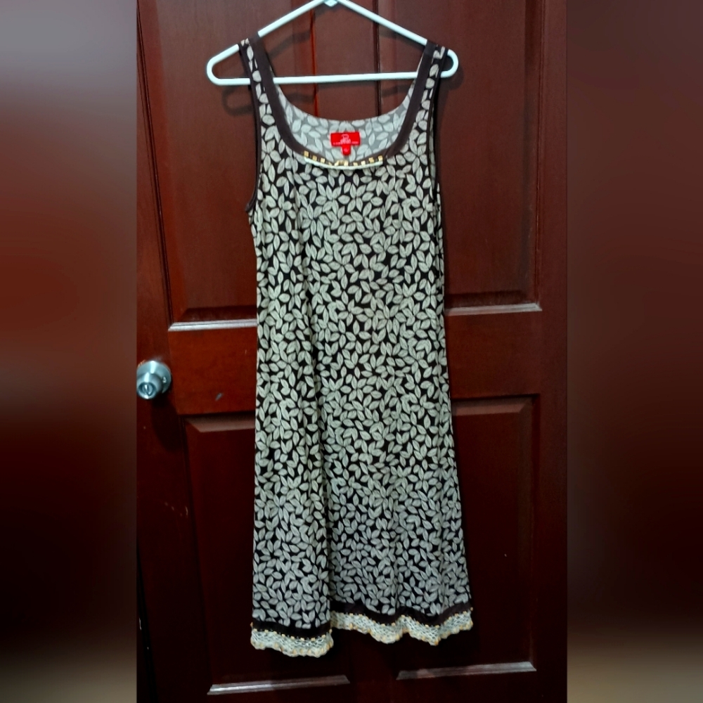 Oscar De La Renta brown cream leaves sleeveless dress w/belt beads size L